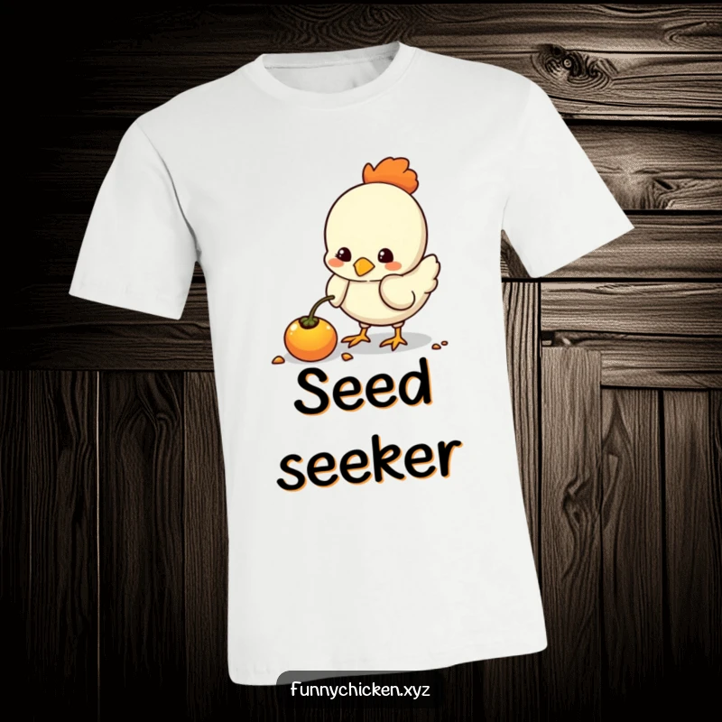 Funny kawaii chicken t-shirt design, pecking intently at a glowing seed, capturing a moment of cute fascination.
