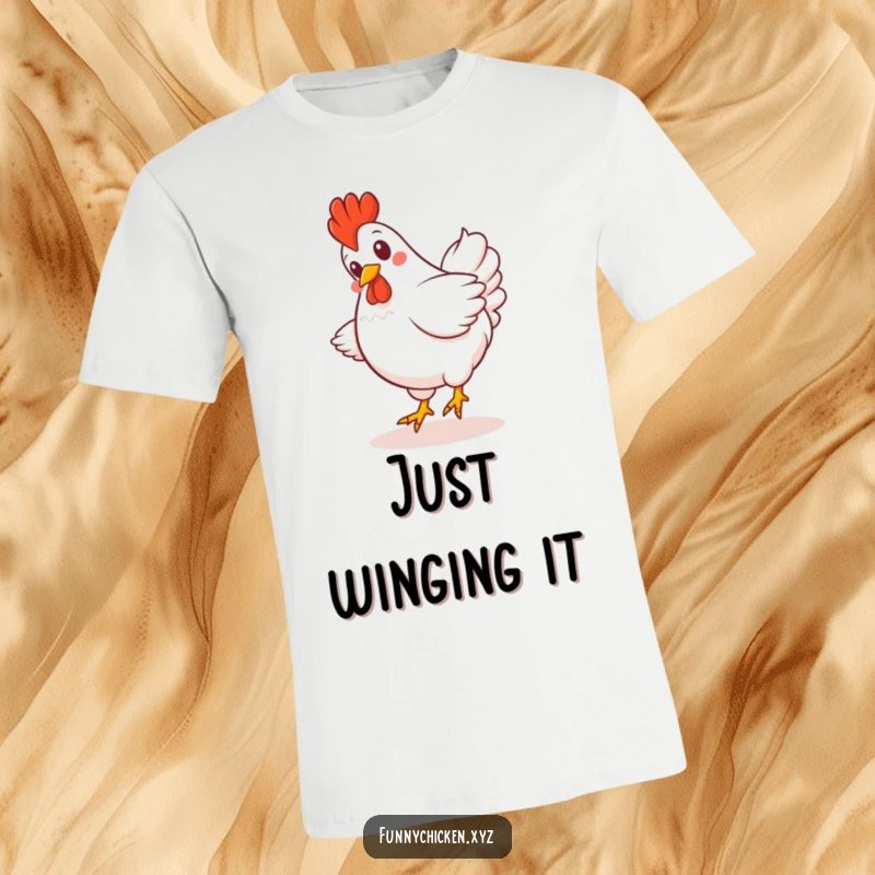 Funny Kawaii chicken t-shirt, giggling and spinning with tail feathers fanned, expressing pure, hilarious delight.