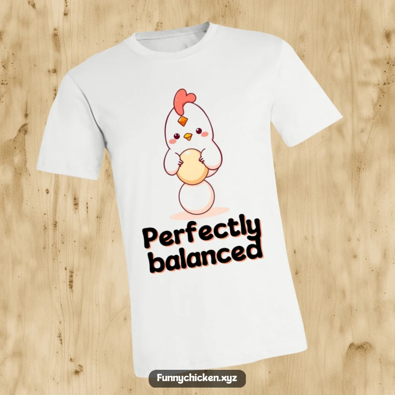 Funny kawaii chicken t-shirt balancing a small, round egg, a cute and humorous design for those with poise.