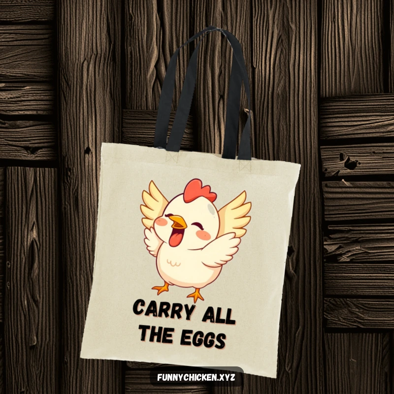 Funny tote bag featuring a cute chicken with a wide grin, wings flapping with excitement, ready for any adventure.