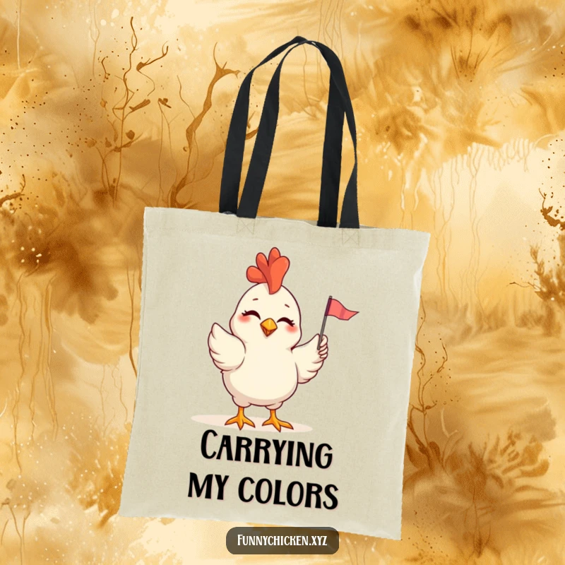 Funny tote bag featuring a winking chicken waving a small, colorful flag, perfect for carrying goods with personality.