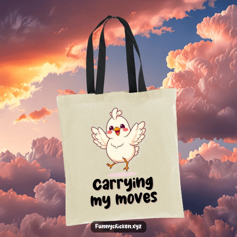 Funny kawaii chicken tote bag, doing a joyful jig with spread wings, a practical and humorous accessory for happy outings.