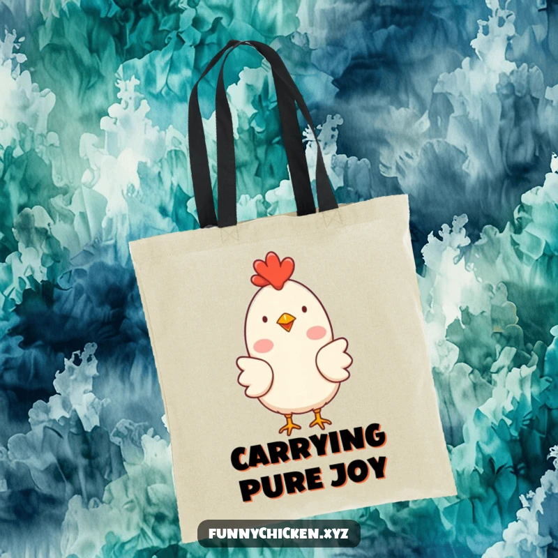 Funny simple chicken character tote bag with rosy cheeks, clucking happily, for humorous and cheerful daily use.