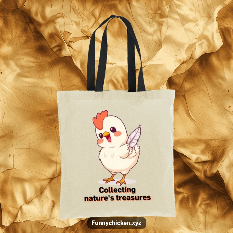 Funny tote bag featuring a delighted chicken happily pecking at a solitary, descending feather, exuding playful focus.