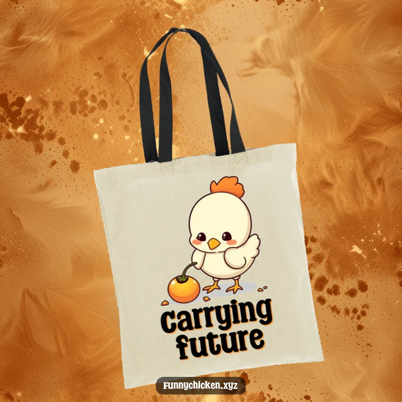 Funny kawaii chicken tote bag, pecking at a glowing seed, a stylish and humorous accessory for daily use.