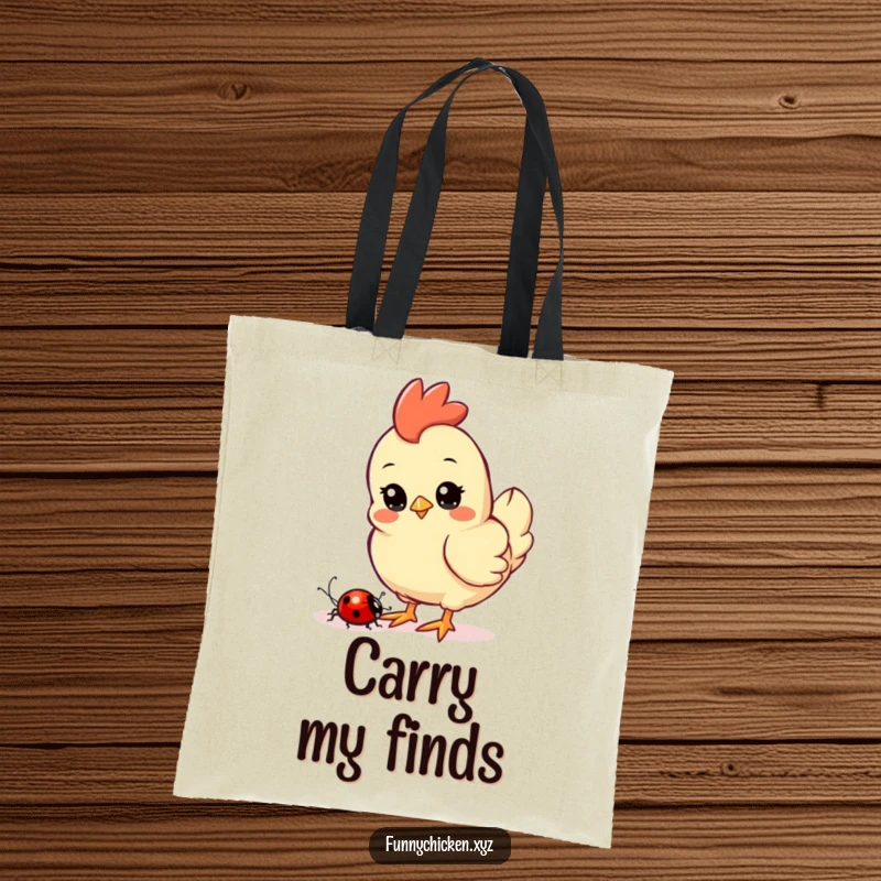 Funny Kawaii chicken tote bag, featuring a curious chicken observing a ladybug crawling nearby, a sweet and gentle design.