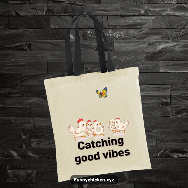 Funny Kawaii chicken tote bag, showing a group of chickens playfully chasing a fluttering butterfly, a scene of joyful pursuit.